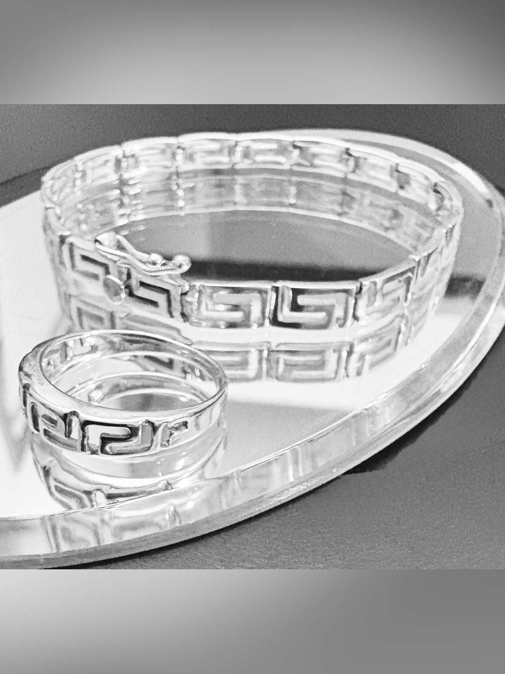 Greek 925 Sterling Vintage Key Link Bracelet & Ring 2PC Set Ex Cond - Picture 4 of 17